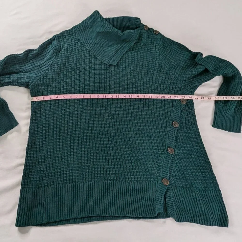 Woman Within Green Chunky Knit Foldover Collar Detailed Button Sweater - Picture 4 of 6